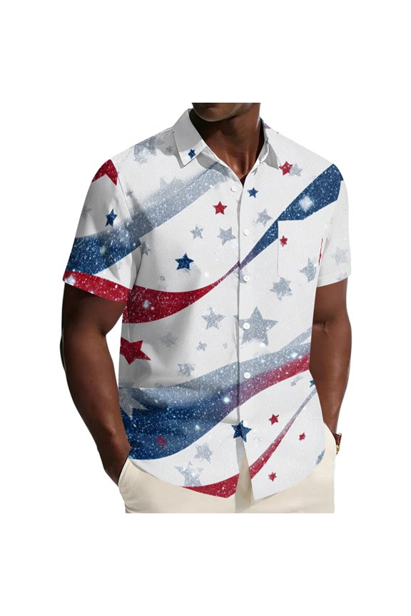 Mens Patriotic 4th Of July Shirts 4th Of July American Flag Graphic Short Sleeve Shirts Collared Button Dressy Hawaiian Workout Shirts for Men Dark Blue 2XL