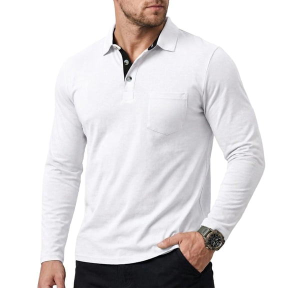 Hogleaql Mens Polo Shirts Comfortable Long Sleeve Fashion Shirts Lightweight Button Casual Loose Tops White L