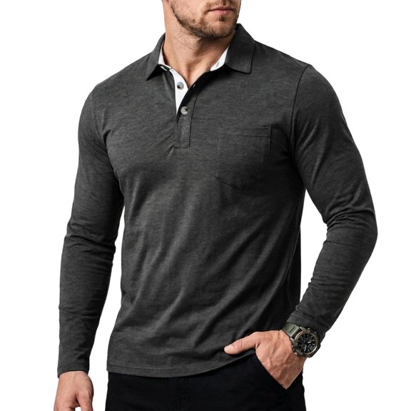 Hogleaql Mens Polo T-Shirt Soft Long Sleeve Dressy Shirts Lightweight Button Down Casual Loose Fit T Shirts Dark Gray 3XL