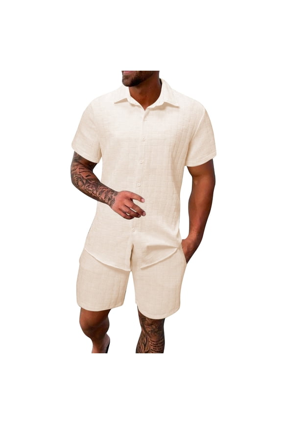 Mens Short Sets 2 Piece Outfits Button Short Sleeve Shirts and Shorts with Pockets Elastic Waist Vacation Fashion Loose Fit Matching Tracksuits Beige L