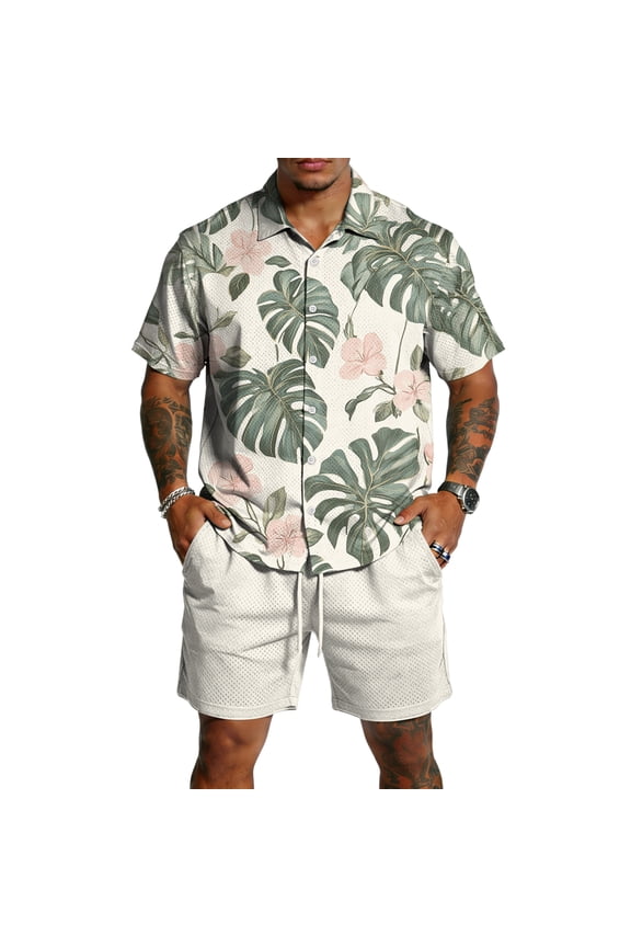 Mens Short Sets 2 Piece Outfits Button Short Sleeve Shirts and Shorts Summer Beach Set with Pockets Elastic Waist Vacation Dressy Loose Fit Matching Tracksuits Beige L