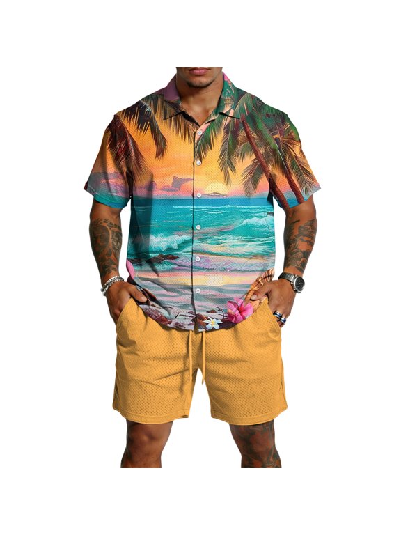 Mens Short Sets 2 Piece Outfits Button Down Short Sleeve Shirts and Shorts Summer Beach Sets with Pockets Elastic Waist Casual Dressy Loose Matching Outfits Earthy Yellow 2XL