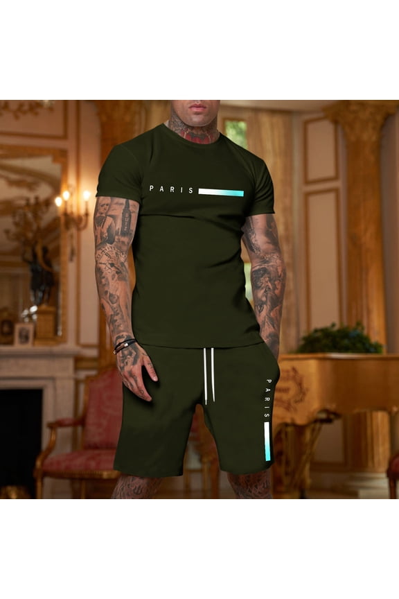 Mens Short Sets 2 Piece Outfits Crewneck Short Sleeve T-Shirts and Shorts Summer Beach Set with Pockets Drawstring Waist Relaxed Fit Lightweight Loose Matching Outfits Army Green L