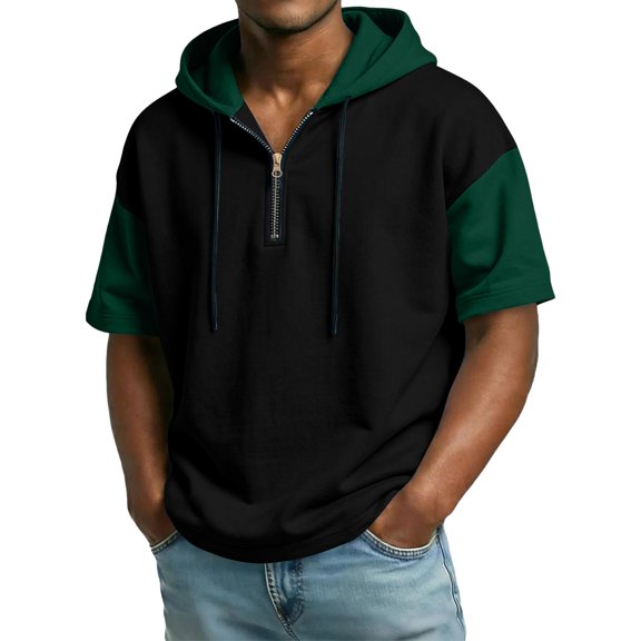 Hogleaql Mens Short Sleeve Hoodies 1/4 Zipper Lounge Tee Shirts Trendy Loose Drawstring Hooded Sweatshirt Tops Green 2XL
