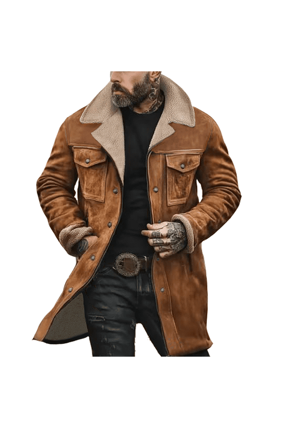 Mens Vintage Outerwear, Patchwork Pocket Plush Reversed Collar Western Jackets Retro Suede Long Sleeve Full Zip Jacket Loose Warm with Pockets In Winter Coat Ginger S