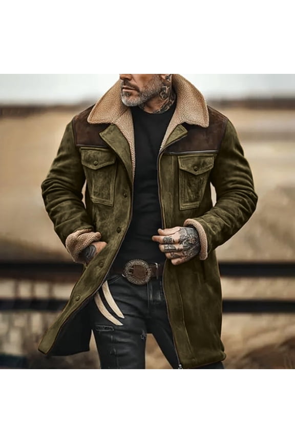 Mens Vintage Outerwear, Patchwork Pocket Plush Reversed Collar Western Jackets Retro Suede Long Sleeve Zip Up Jacket Oversized Thicken with Pockets In Winter Coat Dark Green S