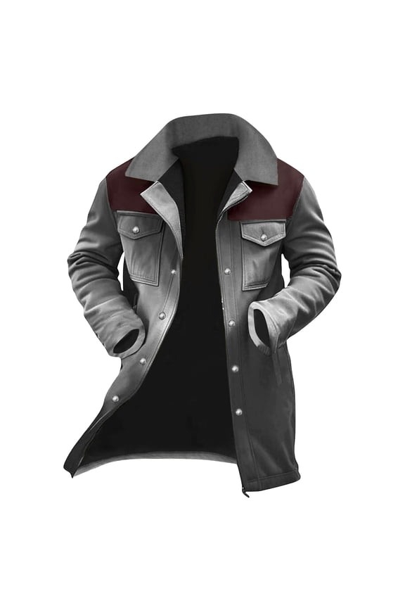 Mens Vintage Outerwear, Patchwork Pocket Plush Reversed Collar Western Jackets Retro Suede Warm Long Sleeve Jacket Multi-Pocket Full Zip Loose In Winter Coat Gray 3XL