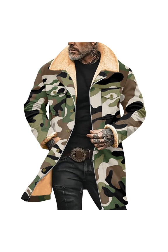 Mens Vintage Outerwear, Patchwork Pocket Plush Reversed Collar Western Jackets Suede Long Sleeve Zipper Jacket Loose Fit Thicken Multi-Pocket Winter Coat Camouflage 3XL