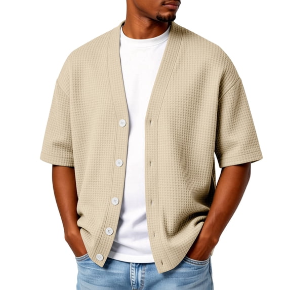 Hogleaql Mens Waffle Knit Cardigan Sweater Button V Neck Open Front Cardigans Short Sleeve Lightweight Casual Comfortable Dressy Outfit Khaki L