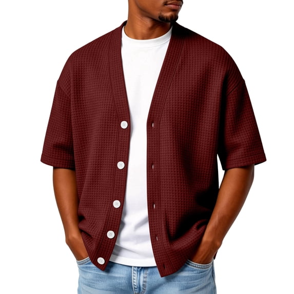 Hogleaql Mens Waffle Knit Cardigan Sweater Button V Neck Open Front Cardigans Short Sleeve Lightweight Casual Comfortable Fashion Outfit Wine 3XL