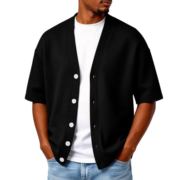 Hogleaql Mens Waffle Textured Cardigan Sweater Button V Neck Knit Open Front Cardigan Short Sleeve Lightweight Casual Comfy Trendy Outfit Black L