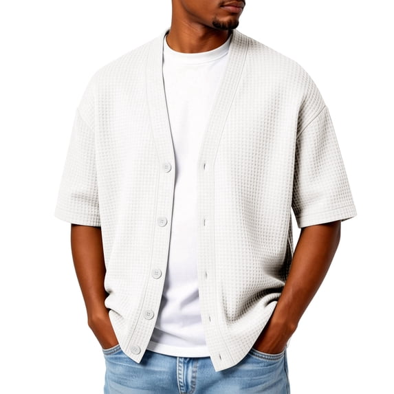 Hogleaql Mens Waffle Textured Cardigan Sweater Button V Neck Knit Open Front Cardigan Short Sleeve Lightweight Workout Soft Fashion Outwear White L