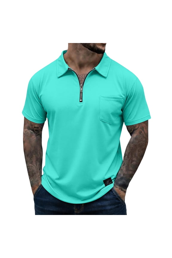Mens Zip Polo Shirts Cozy Short Sleeve Trendy Collared Lounge Loose Summer Tee Shirts Solid Color Men's Tops Turquoise M