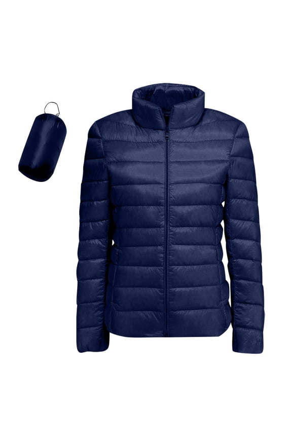 Packable Puffer Jacket Women Comfy Long Sleeve Zipper Stand Collar Quilted Coat Insulated Windbreaker Lightweight Puffer Jacket with Pockets Fall Winter Outerwear Navy S