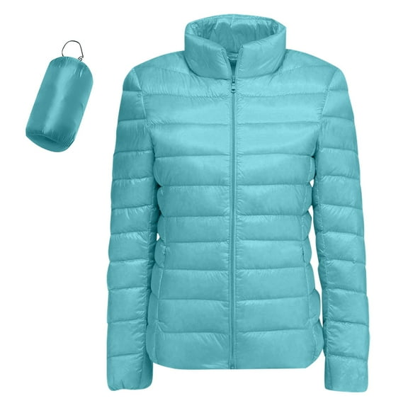 Hogleaql Packable Puffer Jacket Women Soft Long Sleeve Zip Up Stand Collar Quilted Coat Warm Windbreaker Lightweight Puffy Jacket with Pockets Winter Outerwear Turquoise M