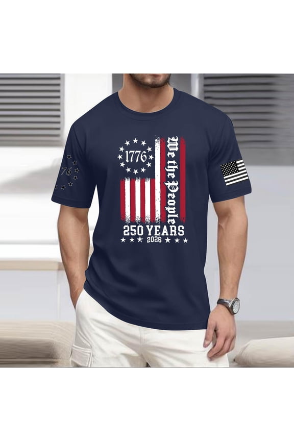 Patriotic 250th Anniversary T-Shirt Men's 1776-2026 Crew Neck American Flag Print Short Sleeve T-Shirt Patriotic Dressy Independence Day Themed Loose Pullover Navy M