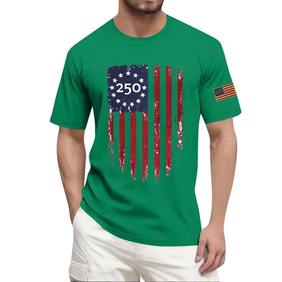 Hogleaql Patriotic American Flag Men’s T-Shirt, Patriotic 4th Of July Short Sleeve USA Graphic Shirt Crewneck Independence Day Casual for Men Tee Tops Green 3XL