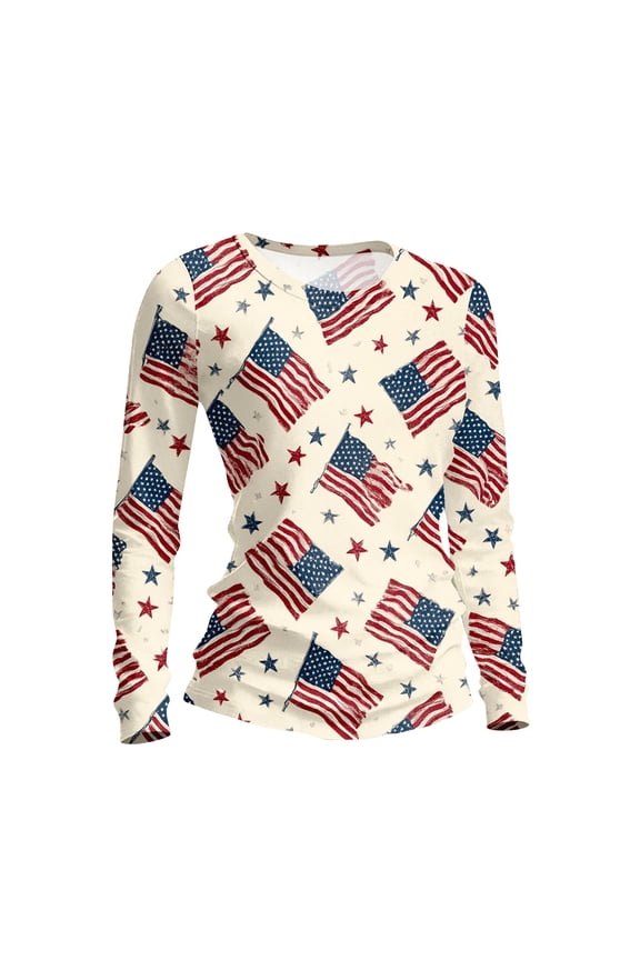Patriotic American Flag Women's T-Shirt, Round Neck 4th Of July Patriotic Tee Top Long Sleeve USA Independence Day Graphic for Women Dressy T-Shirts Khaki XL