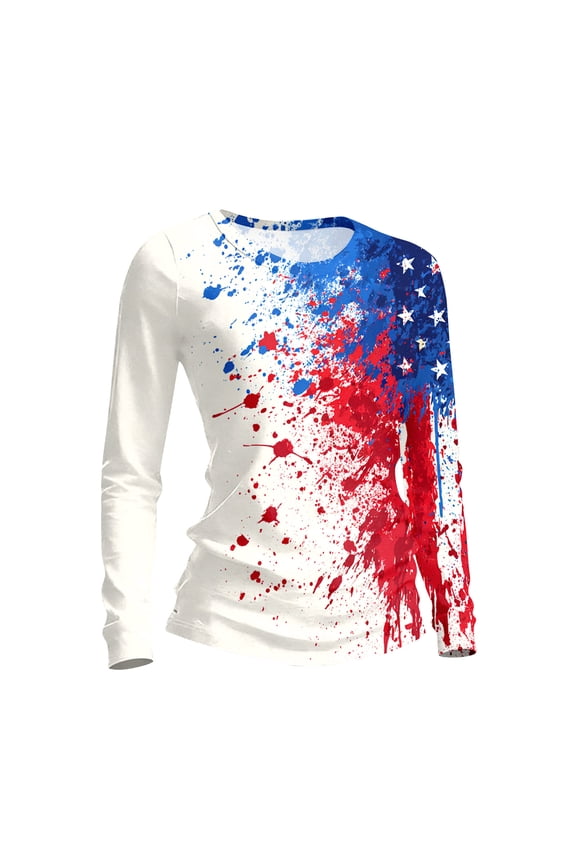 Patriotic American Flag Women's T-Shirt, Round Neck 4th Of July Patriotic Tee Top Long Sleeve USA Independence Day Graphic for Women Trendy T Shirt Royal Blue M
