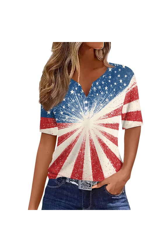 Patriotic American Flag Women's T-Shirt, V Neck 4th Of July Patriotic Tops Short Sleeve USA Independence Day Graphic for Womens Casual T Shirt Blue M