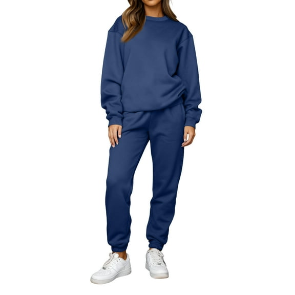Hogleaql Plus Size Lounge Sets for Women Sweatsuits 2 Piece Drawstring Long Sleeve Sweatshirt Wide Leg Sweatpants Matching Sets with Pockets Solid Loose Fit Fashion 2025 Fall Winter Outfits Blue S