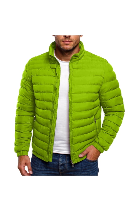 Plus Size Puffer Jacket Mens Full Zip Long Sleeve Thermal Quilted Cotton Coat Stand Collar with Pockets Loose Fit Lightweight Insulated Winter Dressy Jacket Outfits Fluorescent Green L