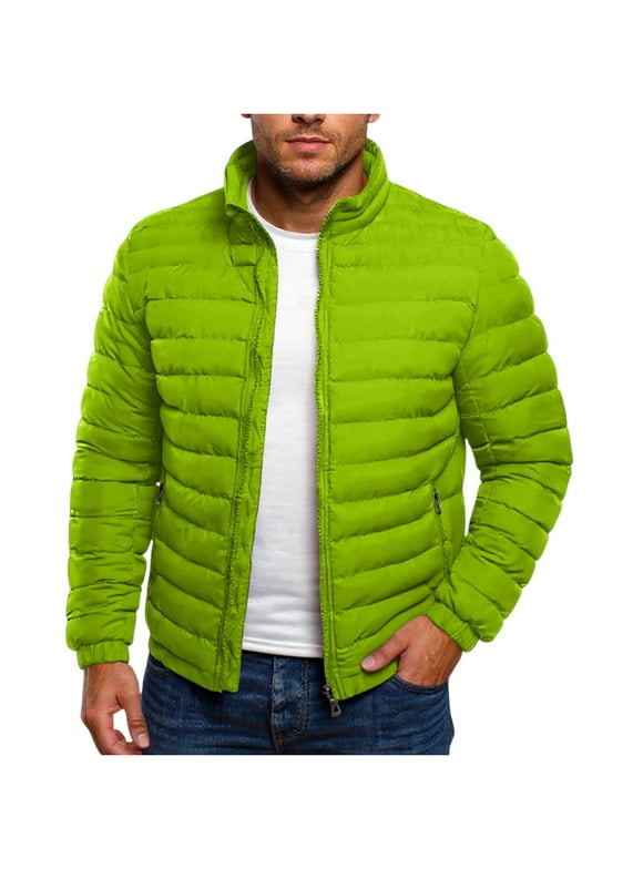 Plus Size Puffer Jacket Mens Zip Up Long Sleeve Thermal Quilted Coats Stand Collar with Pockets Loose Fit Solid Color Lightweight Insulated Winter Fashion Jacket Outwear Fluorescent Green M