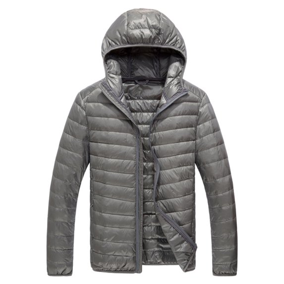 Hogleaql Plus Size Puffer Jacket Mens Zip Up Long Sleeve Thermal Quilted Cotton Coat Hooded Collar with Pockets Loose Fit Solid Color Comfy Warm Winter Fashion Jacket Outfits Light Gray XL