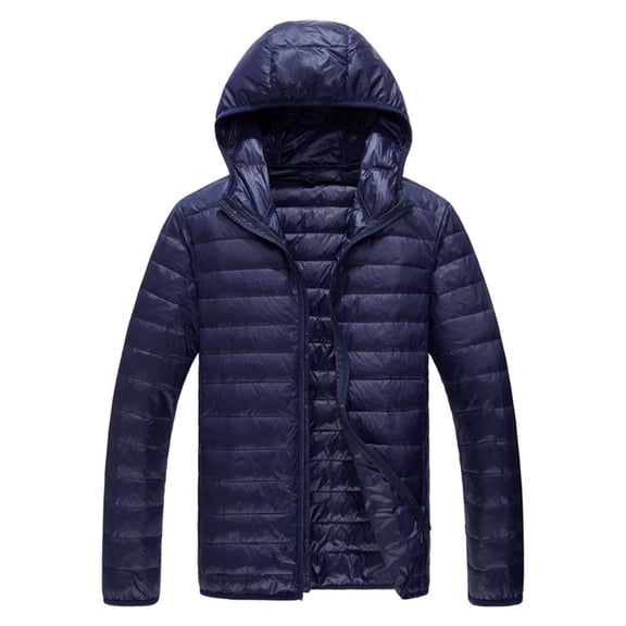 Hogleaql Plus Size Quilted Jackets for Men Zip Down Long Sleeve Thermal Puffer Cotton Coat Hooded Collar with Pockets Loose Fit Solid Color Lightweight Insulated Winter Dressy Jacket Outwear Navy M