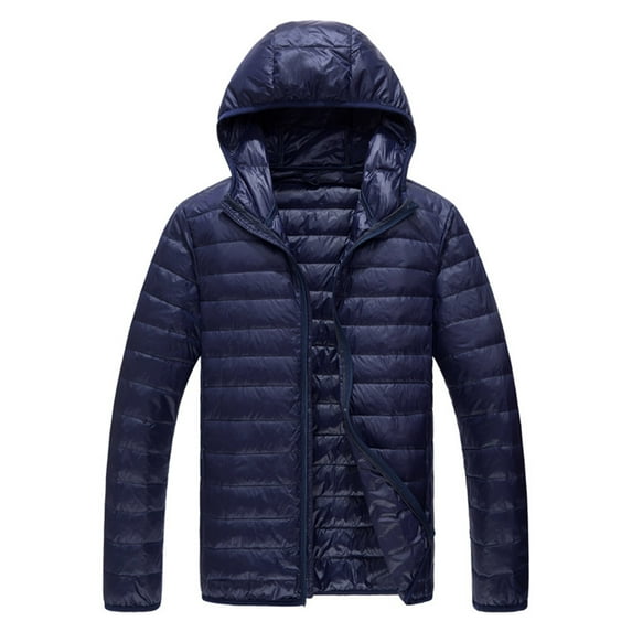 Hogleaql Plus Size Quilted Jackets for Men Zipper Long Sleeve Thermal Puffer Cotton Coat Hooded Collar with Pockets Loose Fit Solid Color Lightweight Insulated Winter Trendy Jacket Outwear Navy 2XL