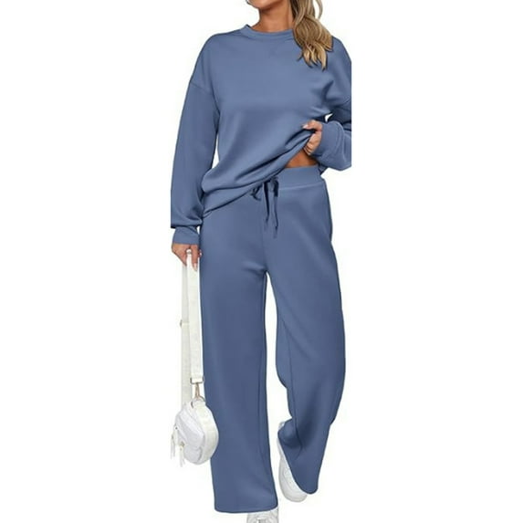 Hogleaql Plus Size Sweatsuits Women 2 Piece Outfit Lounge Drawstring Long Sleeve Sweatshirt Wide Leg Sweatpants Tracksuit with Pockets Solid Color Loose Trendy 2025 Winter Outfits Royal Blue 2XL