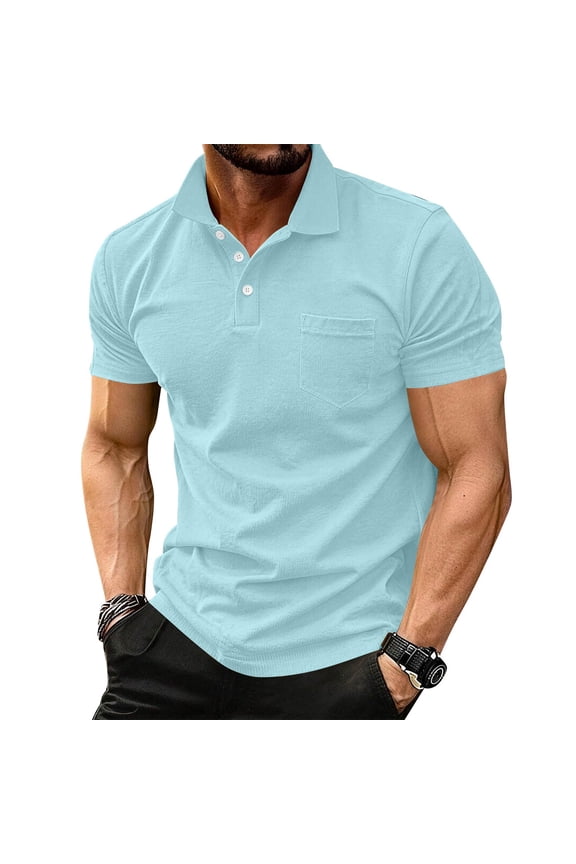 Polo Shirts for Men Comfy Short Sleeve Fashion Collared Relaxed Fit Loose Button Down Summer Tee Shirts Solid Top for Men Light Blue L