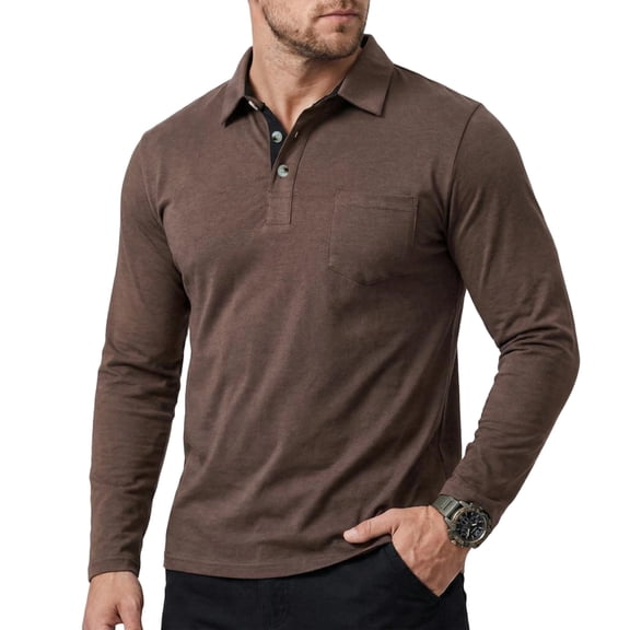 Hogleaql Polo Shirts for Men Soft Long Sleeve Dressy Shirts Lightweight Button Lounge Loose Tops Coffee L
