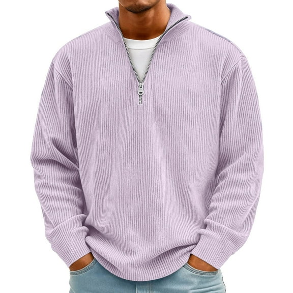 Hogleaql Quarter Zip Corduroy Sweatshirt Men Soft Long Sleeve Plus Size Dressy Mock Neck Pullover Lightweight Thermal Winter Solid Color Sweaters Tops Purple 4XL