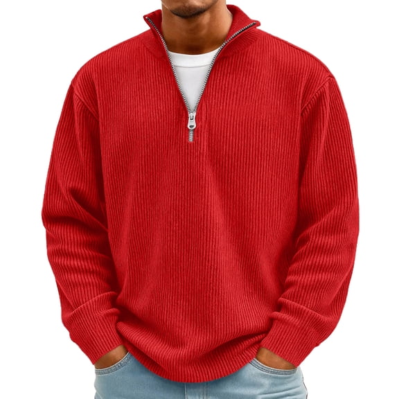 Hogleaql Quarter Zip Corduroy Sweatshirt Men Soft Long Sleeve Plus Size Trendy Mock Neck Pullover Lightweight Warm Fall Winter Solid Sweaters Tops Wine 3XL
