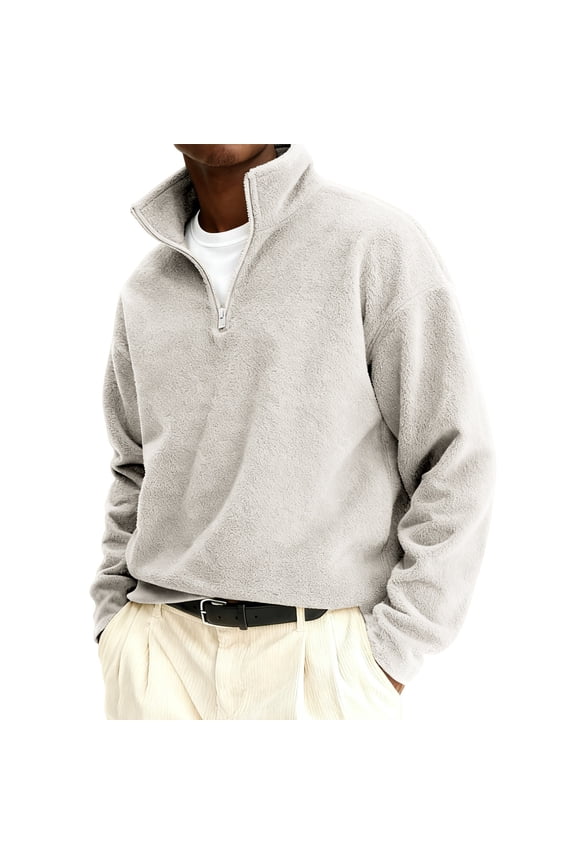 Quarter Zip Pullover Men Stand Collar Fleece Long Sleeve Casual Sweatshirt Midweight Loose Fit Solid Retro Fall Warm Jacket Beige 3XL