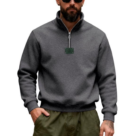 Hogleaql Quarter Zip Pullover Men Stand Collar Fleece Long Sleeve Comfortable Pullover Midweight Loose Solid Vintage Fall Warm Pullover Dark Gray L
