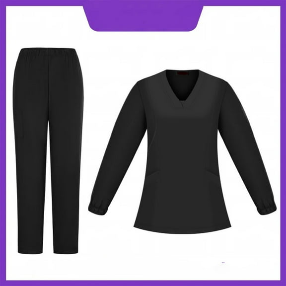 Hogleaql Scrubs Set for Women V-Neck Solid Long Sleeve Jogger Suits with Multi Pockets Nurse Tops & Cargo Pant 2025 Medical Nursing Uniform Casual Workwear Sets Black S