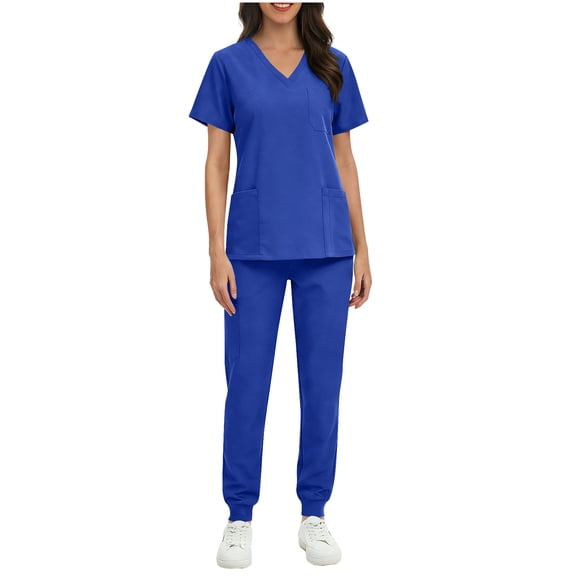 Hogleaql Scrubs Sets for Women V-Neck Short Sleeve Jogger Suit with Pockets Stretch Top & Pants Medical Nursing Uniform Casual Workwear Sets Royal Blue S