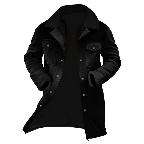Hogleaql Sherpa Lined Leather Jacket for Men Vintage Suede Pocket Plush Warm Reversed Collar Long Sleeve Jacket with Pockets Zipper Oversized Winter Coat Black M