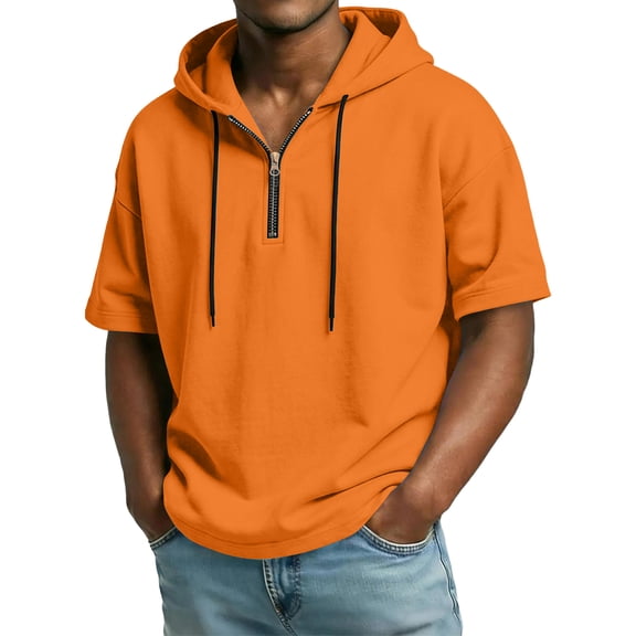 Hogleaql Short Sleeve Hoodie for Men 1/4 Zipper Casual T-Shirts Fashion Loose Drawstring Hooded Sweatshirt Top Saffron L