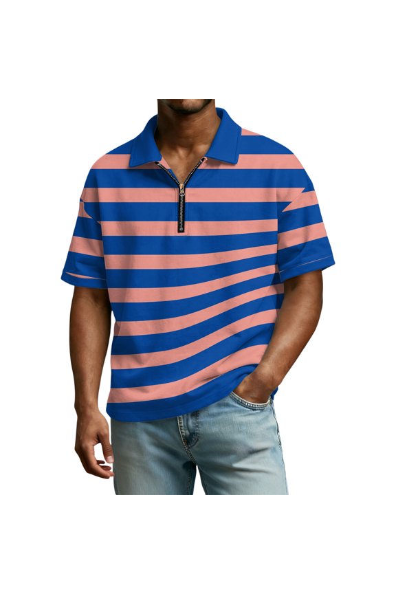 Short Sleeve Mens Tops Summer Quarter Zip Lapel Dressy Tee Shirts Casual Vacation Loose Fit Blouses Cozy Striped Print Clothing Outfits Royal Blue S