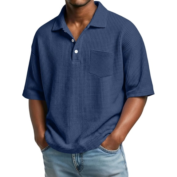 Hogleaql Short Sleeve Polo Shirts for Men Waffle Knit Casual Collared Tee Shirts Button Down Fashion Relaxed Fit Solid Color Top for Men Dark Blue M