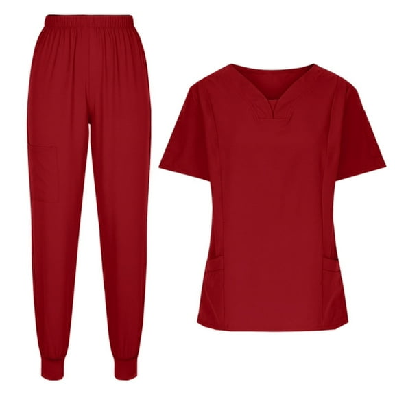 Hogleaql Solid Color Scrub Set for Women V Neck Short Sleeve Jogger Suit with Pocketss Stretch Top & Pants 2025 Nurse Uniform Casual Workwear Sets Wine L