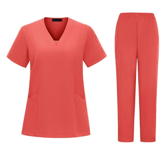 Hogleaql Solid Color Scrub Set for Women V Neck Short Sleeve Jogger Suits with Pocketss Stretch Top & Pants 2025 Medical Nursing Uniform Casual Workwear Scrub Sets Vermilion M