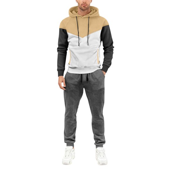Hogleaql Sweat Suits for Men 2 Piece Hoodie and Sweatpants Color Block Relaxed Fit Hoodie Jogging Athletic Pant Set Fleece Fall Suits with Pockets Khaki XL