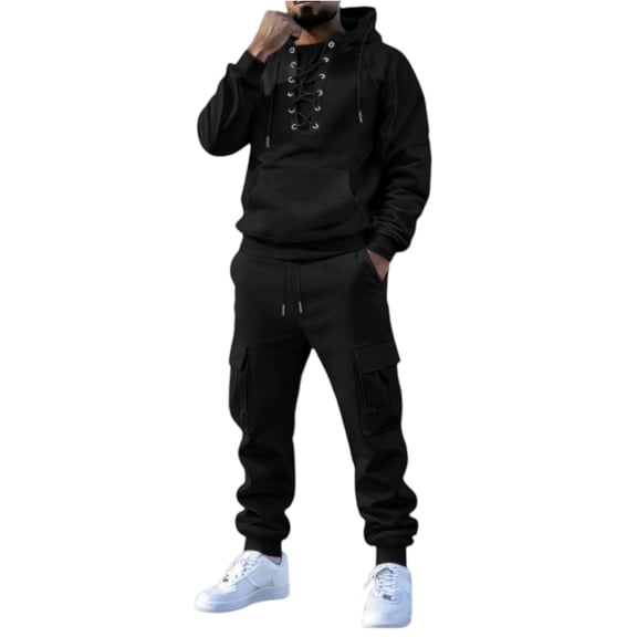 Hogleaql Sweat Suits for Men 2 Piece Hoodie and Sweatpants Solid Color Fleece Hoodie Joggers Athletic Pant Set Sweat Fall Suits with Pockets Black 2XL