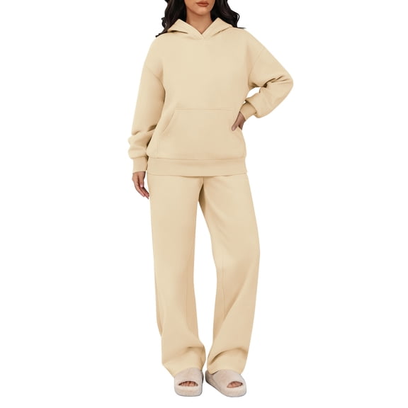 Hogleaql Sweat Suits for Women 2 Piece Hoodie and Sweatpants Solid Color Sweat Pullover Hoodies Joggers Sport Pant Set Casual Fall Suit with Pockets Beige 2XL