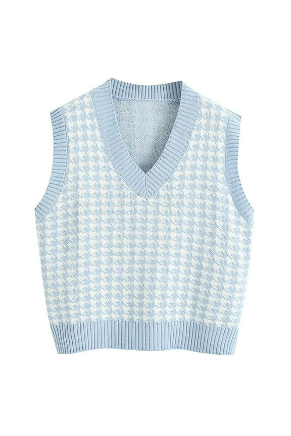 Sweater Vest Womens, Houndstooth Pattern Casual Sleeveless V-Neck Cable Knit Sweaters Dressy Loose Fit Pullover Comfortable Insulated Fall for Fall Winter Light Blue S