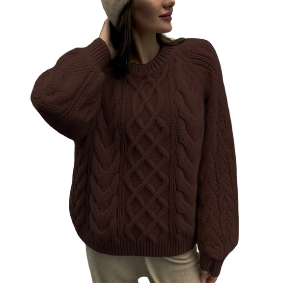 Hogleaql Sweater for Women Casual Long Sleeve Crew Neck Chunky Knitted Sweater 2025 Dressy Fall Winter Loose Fit Solid Color Pullover Top Coffee XL